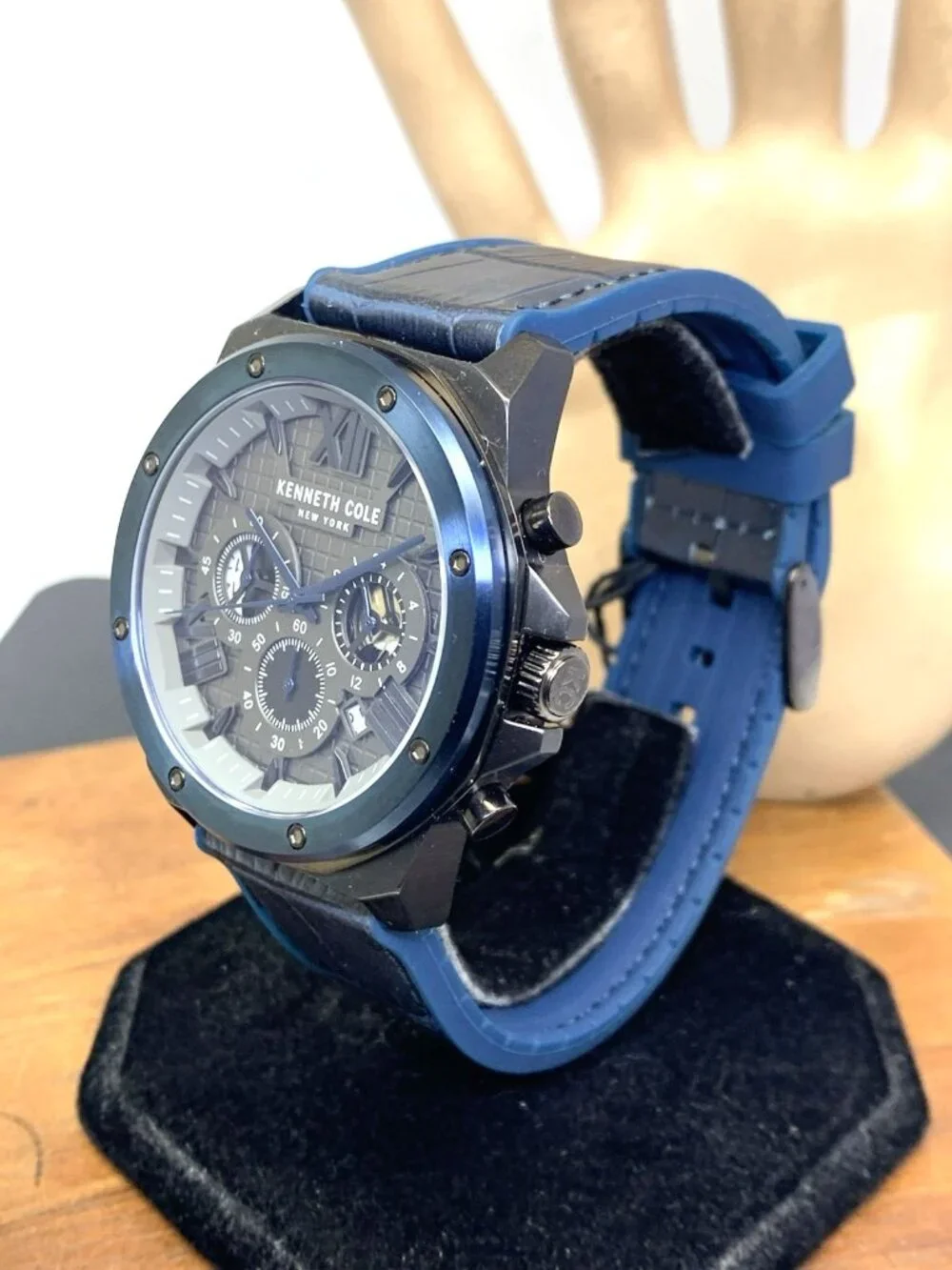 Kenneth Cole Men's Watch Quartz Chronograph Gray Dial Blue Black Rubber 45mm